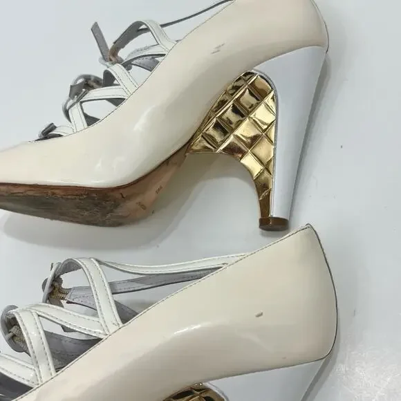 Chanel Buckle Mary Jane Wedge Pumps White Patent Leather Pumps | 39/US 8-8.5 - Picture 7 of 13